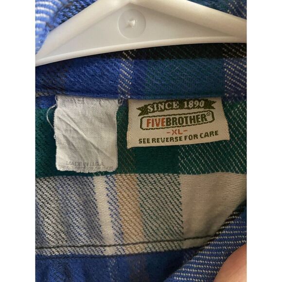 Vintage Five Brothers Thick Flannel Button Up Shirt XL Shacket Blue Green Yellow - Picture 5 of 12